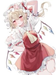 Rule 34 | 1girl, arm up, ascot, blonde hair, blush, commentary request, crystal, flandre scarlet, foot out of frame, frilled shirt collar, frilled sleeves, frills, hand up, hat, hat ribbon, highres, long hair, looking at viewer, nail polish, open mouth, pointy ears, puffy short sleeves, puffy sleeves, red eyes, red nails, red skirt, red vest, ribbon, shirt, short sleeves, simple background, skirt, solo, sorani (kaeru0768), touhou, vest, white background, white hat, white shirt, wings, wrist cuffs, yellow ascot