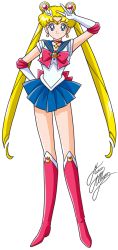 Rule 34 | 1girl, arm up, bishoujo senshi sailor moon, blonde hair, blue eyes, blue sailor collar, blue skirt, boots, bow, brooch, choker, double bun, earrings, elbow gloves, full body, gloves, hair ornament, hairpin, hand on own hip, jewelry, knee boots, long hair, magical girl, marco albiero, pleated skirt, red bow, red footwear, sailor collar, sailor moon, signature, skirt, smile, solo, standing, tiara, tsukino usagi, twintails, v, white background, white gloves
