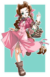 Rule 34 | 1girl, aerith gainsborough, arm up, bangle, boots, border, bracelet, braid, braided ponytail, breasts, brown footwear, choker, cleavage, clothes lift, cropped jacket, curly hair, dress, dress lift, final fantasy, final fantasy vii, final fantasy vii advent children, flower, flower basket, full body, green background, green eyes, hair ribbon, highres, jacket, jewelry, leaf, leg up, long dress, long hair, looking at viewer, medium breasts, one eye closed, open mouth, parted bangs, pink dress, pink flower, pink ribbon, pink rose, red jacket, ribbon, rose, short sleeves, sidelocks, smile, solo, square enix, teeth, unbuttoned dress, upper teeth only, yonesuke