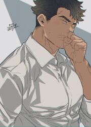 Rule 34 | 1boy, bara, black hair, bright pupils, clenched hand, closed mouth, collared shirt, facial hair, grey background, hand to own mouth, looking at viewer, male focus, mustache, original, shirt, solo, tan, upper body, white shirt, yan (bltyann), yellow eyes