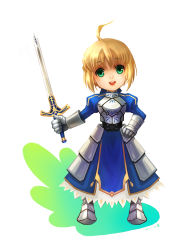 Rule 34 | 1girl, ahoge, armor, armored dress, artoria pendragon (all), artoria pendragon (fate), bad id, bad pixiv id, blonde hair, caliburn (fate), chibi, dress, fate/stay night, fate/zero, fate (series), gauntlets, green eyes, hair ribbon, hand on own hip, highres, hip focus, huazha01, ribbon, saber (fate), simple background, solo, sword, weapon