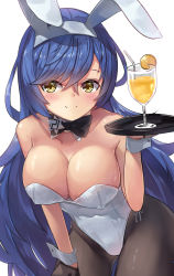 Rule 34 | 1girl, animal ears, bare shoulders, blue hair, blush, breasts, cleavage, closed mouth, cocktail, cocktail glass, collarbone, cup, drinking glass, drinking straw, fake animal ears, girls&#039; frontline, hairband, highres, holding, holding tray, large breasts, leaning forward, leotard, long hair, looking at viewer, motokonut, official alternate costume, pantyhose, playboy bunny, rabbit ears, simple background, smile, solo, swept bangs, tar-21 (girls&#039; frontline), tar-21 (night at the bar) (girls&#039; frontline), tray, white background, white leotard, wine glass, yellow eyes