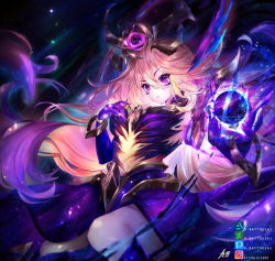 Rule 34 | 1girl, armor, artist name, blonde hair, boots, breasts, commentary, dark cosmic lux, deviantart logo, deviantart username, dress, floating hair, frown, hair between eyes, hair ornament, highres, hitokiri battousai, instagram logo, instagram username, knee up, large breasts, league of legends, long hair, looking at viewer, lux (league of legends), magic, pixiv logo, pixiv username, purple eyes, purple hair, solo, thigh boots, thighhighs, translation request, very long hair