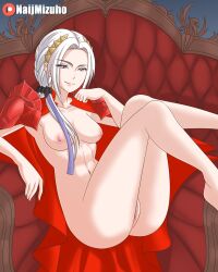 1girl armor black_gloves breasts cape completely_nude edelgard_von_hresvelg fire_emblem fire_emblem:_three_houses fire_emblem_warriors:_three_hopes gloves highres medium_breasts naijmizuho nintendo nude official_alternate_hairstyle purple_eyes sitting smile solo white_hair