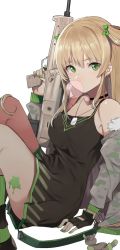 Rule 34 | 1girl, assault rifle, black dress, black gloves, black socks, bow, brown hair, blowing bubbles, bullpup, camisole, camouflage, camouflage coat, chewing gum, coat, dress, finger on trigger, fingerless gloves, girls&#039; frontline, gloves, green bow, green eyes, green nails, green socks, gun, hair between eyes, hair bow, holding, holding gun, holding weapon, kel-tec rfb, kneehighs, long hair, nail polish, pinch (nesume), rfb (girls&#039; frontline), rifle, semi-automatic firearm, semi-automatic rifle, socks, solo, striped clothes, striped socks, two side up, weapon