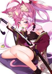 Rule 34 | 1girl, ahoge, animal ear fluff, animal ears, arm tattoo, black footwear, blush, breasts, bridal gauntlets, cat ears, cat tail, cleavage, cleavage cutout, clothing cutout, commentary request, dango, facial tattoo, floral print, food, food in mouth, highres, holding, holding sword, holding weapon, japanese clothes, katana, kimono, long hair, long sleeves, looking at viewer, medium breasts, mole, mole on breast, nail polish, off shoulder, original, pink hair, pink scarf, plate, ponytail, purple eyes, red kimono, sanshoku dango, scarf, sheath, short eyebrows, short hair, sitting, skewer, solo, sword, tabi, tail, takatun223, tattoo, thick eyebrows, unsheathing, wagashi, weapon, wide sleeves