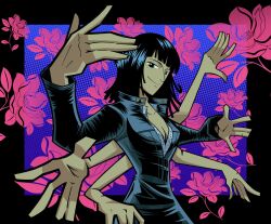 1girl absurdres bionicpuma black_border black_dress black_hair blue_hair blunt_bangs border breasts cleavage closed_mouth commentary cowboy_shot dress extra_arms flower hana_hana_no_mi highres leather_dress looking_at_viewer medium_hair nico_robin nico_robin_(water_7) one_piece pink_flower smile solo