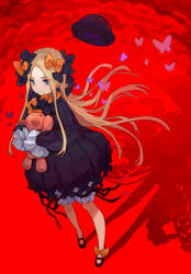 Rule 34 | 1girl, abigail williams (fate), black bow, black dress, black footwear, black hat, blonde hair, bloomers, blue eyes, bow, bug, butterfly, different shadow, dress, fate/grand order, fate (series), hair bow, hat, hugging object, insect, long hair, long sleeves, looking away, mary janes, orange bow, parted bangs, polka dot, polka dot bow, red background, shoes, sleeves past fingers, sleeves past wrists, smile, solo, stuffed animal, stuffed toy, teddy bear, underwear, unworn hat, unworn headwear, white bloomers, yuu (higashi no penguin)
