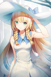 Rule 34 | 1girl, bad id, bad twitter id, bare arms, blonde hair, blue bow, blush, bow, braid, breasts, closed mouth, collarbone, collared dress, commentary request, creatures (company), dress, eyelashes, floating hair, game freak, green eyes, hand on own head, hat, hat bow, highres, korean commentary, lens flare, lillie (pokemon), nintendo, pokemon, pokemon sm, smile, solo, sugar (dndi888), sun hat, twin braids, white dress, white hat