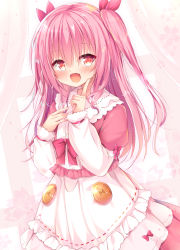 Rule 34 | 1girl, apron, blush, bow, buttons, cowboy shot, curtains, fang, hair bow, highres, himekuma ribon, huei nazuki, index finger raised, indoors, long hair, long sleeves, looking at viewer, open mouth, oversized object, pink bow, pink hair, pink shirt, pink skirt, re:act, red eyes, shirt, skirt, smile, solo, two side up, virtual youtuber, window