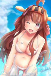 Rule 34 | 1girl, ahoge, bikini, breasts, brown hair, cleavage, collarbone, commentary request, cowboy shot, double bun, dutch angle, gluteal fold, hairband, headgear, highres, kamijou sadame, kantai collection, kongou (kancolle), leaning forward, long hair, looking at viewer, medium breasts, one-hour drawing challenge, red eyes, solo, standing, swimsuit, twitter username, water, white bikini