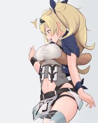 Rule 34 | 1boy, 1girl, absurdres, befu, belt, black belt, black panties, blonde hair, blue eyes, blue jacket, grabbing another&#039;s breast, breasts, corset, crop top, disembodied hand, gambier bay (kancolle), gambier bay mk ii (kancolle), grabbing, grabbing from behind, groping, hairband, half-skirt, hetero, highres, jacket, kantai collection, large breasts, open clothes, open jacket, panties, pleated skirt, shirt, side slit, skirt, solo focus, twintails, underwear, white shirt, white skirt