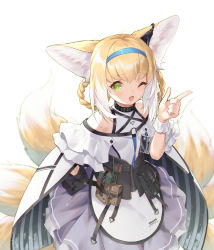 Rule 34 | 1girl, absurdres, animal ears, apron, aqua hairband, arknights, bare shoulders, black gloves, blonde hair, blush, braided hair rings, capelet, cloak, fox ears, fox tail, gloves, green eyes, hair rings, hairband, hand on own hip, highres, infection monitor (arknights), jiusan naitang, looking at viewer, multicolored hair, multiple tails, one eye closed, open mouth, petticoat, short hair, simple background, single glove, skirt, smile, solo, suzuran (arknights), tail, waist apron, white apron, white background, white hair