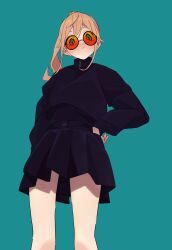 Rule 34 | 1girl, :/, absurdres, arm behind back, black shirt, black skirt, blonde hair, blue background, closed mouth, commentary, from below, green eyes, hair between eyes, hand on own hip, highres, jacket, layered clothes, legs, looking at viewer, medium hair, original, ozorano megane, pleated skirt, ponytail, round eyewear, shirt, sidelocks, simple background, skirt, solo, standing, sunglasses, swept bangs, t-shirt, turtleneck, upper body, zipper