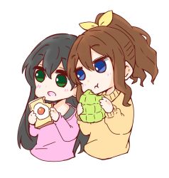 Rule 34 | 2girls, :t, bang dream!, black hair, blue eyes, blush, bread, bread slice, brown hair, brown sweater, closed mouth, commentary request, cropped torso, eating, egg (food), food, fried egg, green eyes, hair between eyes, hair ribbon, hanazono tae, high ponytail, highres, holding, holding food, long hair, long sleeves, looking away, melon bread, multiple girls, nozo (hitomiz), open mouth, pink shirt, ponytail, ribbon, shirt, simple background, sweater, toast, upper body, very long hair, white background, yamabuki saya, yellow ribbon
