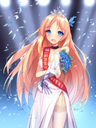 Rule 34 | 1girl, bison cangshu, blonde hair, blue eyes, blush, bouquet, breasts, butterfly hair ornament, choker, cleavage, confetti, dress, flower, garter straps, gloves, hair ornament, hairclip, long hair, looking at viewer, open mouth, saratoga (warship girls r), sash, side slit, solo, strapless, thighhighs, tiara, warship girls r, white dress, white gloves, white thighhighs