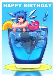 Rule 34 | 1girl, barefoot, bikini, bikini skirt, blue eyes, blue hair, bow, bukimi isan, cirno, collarbone, cup, english text, food, fruit, full body, hair bow, happy birthday, highres, ice, in container, in cup, matching hair/eyes, mini person, minigirl, mundane utility, navel, orange (fruit), plate, short hair, simple background, smile, solo, swimsuit, tankini, text focus, touhou, water, wings