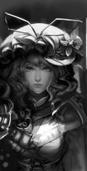 Rule 34 | 1girl, alternate costume, breasts, daffodil, expressionless, flower, greyscale, hat, hat flower, hat ribbon, highres, janyhero, lips, long hair, looking at viewer, mob cap, monochrome, nose, realistic, revision, ribbon, smoke, solo, touhou, unfinished, upper body, yakumo yukari