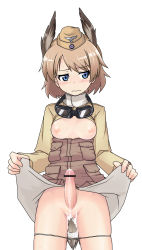 Rule 34 | animal ears, ashiga oreta, bar censor, blonde hair, blue eyes, blush, breasts, breasts out, censored, clothes lift, cum, cum on clothes, cumdrip, dress, dress lift, ejaculation, erection, futanari, goggles, hat, head wings, highres, military, military uniform, panties, panty pull, penis, pubic hair, pussy, raisa pottgen, shirt lift, short hair, solo, strike witches, sweatdrop, tail, underwear, uniform, wings, world witches series