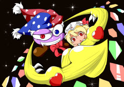 Rule 34 | 1boy, 1girl, alternate eye color, bacho, blonde hair, blue eyes, bow, bowtie, crazy eyes, crazy smile, fangs, female focus, flandre scarlet, hat, heterochromia, jester cap, kirby (series), marx (kirby), nintendo, no arms, red eyes, slit pupils, smile, solo, sparkle, touhou, trait connection, wings, yellow wings