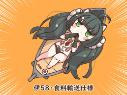 Rule 34 | 1girl, ahoge, animal ears, azur lane, bare legs, bikini, bikini bottom only, black bikini, blush, cat ears, chibi, commentary request, covering own mouth, emphasis lines, food on body, from above, gloves, green eyes, green hair, horoyuki (gumizoku), i-58 (azur lane), long hair, lying, nyotaimori, on back, orange background, simple background, solo, swimsuit, topless, translation request, twintails