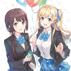 Rule 34 | 2girls, :d, balloon, black jacket, blazer, blonde hair, blue bow, blue neckwear, blue ribbon, blue skirt, blush, bow, bowtie, breast pocket, breasts, brown hair, chitose-kun wa ramune bin no naka, collared shirt, earrings, green eyes, hair over shoulder, hair ribbon, hands up, highres, hiiragi yuuko, holding, holding balloon, jacket, jewelry, large breasts, long hair, long sleeves, looking at viewer, loose bowtie, low ponytail, medium breasts, multiple girls, official art, open clothes, open jacket, open mouth, party popper, pink scrunchie, plaid, plaid skirt, pleated skirt, pocket, ribbon, school uniform, scrunchie, second-party source, shirt, shirt tucked in, side ponytail, skirt, smile, striped bow, striped bowtie, striped clothes, striped neckwear, stud earrings, teeth, uchida yua, upper teeth only, weee (raemz), white background, white shirt, wing collar