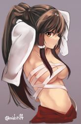 Rule 34 | 1girl, arms behind head, breasts, brown eyes, brown hair, cleavage, detached sleeves, expressionless, from side, grey background, hair censor, hair over breasts, hair tubes, hakurei reimu, large breasts, long hair, looking at viewer, midori (misuriru8), navel, no shirt, ponytail, red skirt, sarashi, simple background, skirt, solo, stomach, touhou, twitter username, tying hair, undone sarashi, upper body