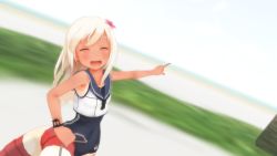 Rule 34 | 10s, 3d, ^ ^, beach, blonde hair, blue eyes, blush, closed eyes, flower, hair flower, hair ornament, happy, highres, kantai collection, lifebuoy, mikumikudance (medium), one-piece swimsuit, one-piece tan, pointing, ro-500 (kancolle), swim ring, swimsuit, tan, tanline