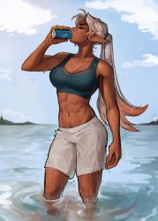 Rule 34 | 1girl, abs, absurdres, breasts, cleavage, cloud, dark-skinned female, dark elf, dark skin, day, drink, drinking, elf, closed eyes, female pubic hair, gradient hair, highres, lake, large breasts, long hair, matilda fiship, midriff, multicolored hair, muscular, muscular female, navel hair, olivia (matilda fiship), outdoors, pointy ears, ponytail, pubic hair, pubic hair peek, scar, shorts, sky, solo, sports bra, sportswear, standing, tan, thick eyebrows, toned, very long hair, wading, water, wet, wet clothes, white hair