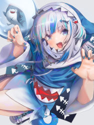 Rule 34 | 1girl, animal, animal hood, bloop (gawr gura), blue eyes, blue hair, blue nails, bubble, claw pose, creature, eyelashes, fingernails, fins, fish bone, fish hair ornament, fish tail, gawr gura, grey hair, hair ornament, highres, hololive, hololive english, hood, hood up, long eyelashes, long fingernails, long hair, long sleeves, misago (525), multicolored hair, nail polish, open mouth, patterned, patterned background, pouch, shark, shark hood, shark tail, sharp fingernails, sharp teeth, smile, stitches, streaked hair, tail, teeth, twintails, virtual youtuber, white footwear, wide sleeves