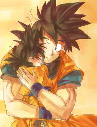Rule 34 | 2boys, ake (ake54), black eyes, black hair, child, closed eyes, dougi, dragon ball, dragonball z, father and son, happy, hug, looking at another, male focus, multiple boys, one eye closed, orange background, painting (medium), simple background, smile, son goku, son goten, spiked hair, traditional media, watercolor (medium), wristband