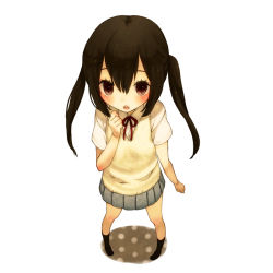 Rule 34 | 1girl, artist request, bad id, bad pixiv id, black hair, blush, brown eyes, from above, k-on!, kneehighs, long hair, looking up, mizutamako, nakano azusa, open mouth, pigeon-toed, school uniform, shy, sidelocks, skirt, socks, solo, sweater, sweater vest, twintails