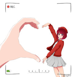 Rule 34 | 1girl, absurdres, arima kana, arm up, blush, forced perspective, frilled skirt, frills, grey skirt, hat, heart, heart hands, heart hands duo, highres, jacket, long sleeves, open clothes, open jacket, oshi no ko, painttool sai (medium), recording, red eyes, red hair, red hat, red jacket, short hair, simple background, skirt, smile, striped clothes, striped skirt, viewfinder, wavy mouth, white background, wykui