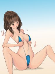 Rule 34 | 1girl, bare shoulders, bikini, blush, breasts, brown eyes, brown hair, cameltoe, highres, i&quot;s, koro chan fan club, legs, looking at viewer, navel, short hair, simple background, sitting, solo, spread legs, sweat, swimsuit, thighs, yoshizuki iori
