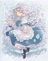 Rule 34 | 1girl, absurdres, apron, artist name, black footwear, blue dress, commentary, dress, frilled apron, frills, full body, highres, ice, kisarush, letty whiterock, light purple hair, long hair, long sleeves, looking at viewer, open mouth, scarf, shirt, shoes, socks, solo, touhou, traditional media, waist apron, white apron, white headwear, white scarf, white shirt, white socks