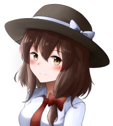 Rule 34 | 1girl, black hat, blush, bow, brown hair, closed mouth, commentary, english commentary, hair between eyes, hair bow, hat, hat bow, highres, kuneamorai, long hair, looking at viewer, necktie, portrait, red bow, red necktie, shirt, simple background, smile, solo, touhou, usami renko, white background, white bow, white shirt, yellow eyes