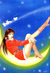 Rule 34 | 1990s (style), 1997, 1girl, absurdres, artist name, bare legs, belt, boots, brown eyes, brown hair, christmas, crescent moon, dress, family compo, floating, fur-trimmed dress, fur trim, high heel boots, high heels, highres, houjou tsukasa, knee up, leg hold, leg up, long hair, looking at viewer, moon, night, night sky, official art, red dress, reindeer, retro artstyle, santa claus, santa costume, short dress, simple background, sitting, sitting on moon, sky, sleigh, smile, solo, star (sky), star (symbol), starry sky, wakanae shion, whip