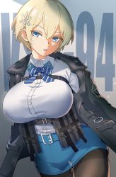 Rule 34 | 1girl, absurdres, belt, black jacket, black pantyhose, blonde hair, blue belt, blue eyes, blue ribbon, blue skirt, breasts, buckle, character name, collared shirt, colored eyelashes, commentary request, cowboy shot, girls&#039; frontline, hair between eyes, hair ornament, highres, jacket, kagami (haret46), large breasts, long sleeves, looking at viewer, magazine (weapon), mole, mole under eye, neck ribbon, off shoulder, pantyhose, parted lips, pencil skirt, ribbon, shirt, shirt tucked in, short hair, sidelocks, skirt, snap-fit buckle, snowflake hair ornament, solo, standing, striped ribbon, thigh gap, thighband pantyhose, vsk-94 (girls&#039; frontline), white shirt