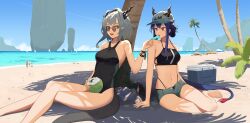 Rule 34 | 2girls, :d, arknights, arm behind back, arm support, bare legs, bare shoulders, beach, bikini, bikini under clothes, bikini under shorts, blue hair, breasts, ch&#039;en (arknights), competition swimsuit, covered navel, crossed legs, day, dragon girl, dragon horns, dragon tail, feeding, food, full body, hand up, highleg, highleg bikini, highres, horns, long hair, medium breasts, midriff, multiple girls, navel, northkiyou, ocean, one-piece swimsuit, open mouth, outdoors, palm tree, pink eyes, popsicle, red eyes, siblings, sisters, smile, sunglasses, swimsuit, tail, talulah (arknights), tree, white hair