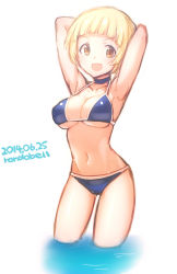 Rule 34 | 10s, 1girl, :d, armpits, arms up, bikini, blonde hair, blush, breasts, brown eyes, choker, cleavage, fukuda noriko, highres, idolmaster, idolmaster million live!, large breasts, looking at viewer, navel, open mouth, rondo bell, short hair, simple background, sketch, smile, solo, strap gap, string bikini, swimsuit, wading, white background