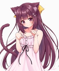 Rule 34 | 1girl, animal ear fluff, animal ears, bad id, bad pixiv id, bare arms, bare shoulders, black ribbon, blush, bow, brown eyes, brown hair, cat ears, cat girl, cat tail, closed mouth, commentary request, dress, flower, grey background, hair bow, hair flower, hair ornament, hands up, hoshino kagari, kamikaze (kancolle), kantai collection, kemonomimi mode, long hair, paw pose, pink dress, ribbon, simple background, sleeveless, sleeveless dress, smile, solo, tail, tail raised, twitter username, very long hair, white flower, yellow bow