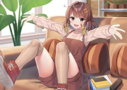 Rule 34 | 1girl, absurdres, blush, brown eyes, brown hair, brown thighhighs, character request, commission, couch, highres, indie virtual youtuber, indoors, lips, long hair, long sleeves, looking at viewer, open mouth, over-kneehighs, overalls, plant, potted plant, red footwear, rynzfrancis, shoes, sitting, smile, sneakers, solo, thighhighs, virtual youtuber