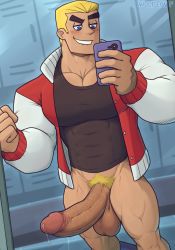 Rule 34 | 1boy, abs, artist name, bara, blonde hair, blue eyes, blush, cellphone, danny phantom, dash baxter, erection, f con, feet out of frame, highres, huge penis, jacket, large pectorals, locker, locker room, looking at mirror, male focus, manly, mirror, no pants, pectorals, penis, phone, pubic hair, reflection, selfie, shirt, short hair, signature, smile, solo, t-shirt, teeth, testicles, thick arms, thick eyebrows, thick thighs, thighs, tight clothes