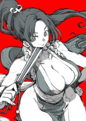 Rule 34 | 1girl, breasts, cleavage, fatal fury, hair ribbon, hand fan, hand on own hip, highres, large breasts, legs, long hair, monochrome, ponytail, ribbon, shiranui mai, smile, takafumi 696, the king of fighters, thick thighs, thighs