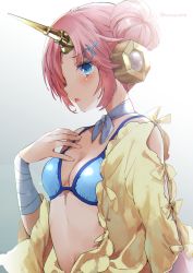 Rule 34 | 1girl, :o, bandaged arm, bandages, bikini, bikini top only, blue bikini, blue eyes, blush, breasts, cleavage, fate/grand order, fate (series), frankenstein&#039;s monster (fate), frankenstein&#039;s monster (swimsuit saber) (fate), frankenstein&#039;s monster (swimsuit saber) (first ascension) (fate), from side, gradient background, grey background, hair bun, hair ornament, hairclip, hand on own chest, headgear, horns, kanaiko, neck ribbon, open mouth, pink hair, profile, ribbon, short hair, single hair bun, single horn, small breasts, solo, swimsuit, twitter username, upper body, white ribbon, yellow ribbon