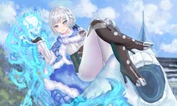 Rule 34 | 1girl, akershus fortress (oshiro project), blue eyes, blush, boots, breasts, cape, fur-trimmed cape, fur trim, gloves, high heel boots, high heels, highres, large breasts, long hair, om10, oshiro project:re, oshiro project:re, pants, silver hair, sitting, skeleton, smile, thick thighs, thighs, tight clothes, tight pants