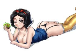 Rule 34 | 1girl, apple, ass, bare shoulders, black hair, blush, breasts, brown eyes, cleavage, come hither, disney, food, fruit, garter straps, hairband, highres, large breasts, leonart, looking at viewer, lying, naughty face, on stomach, poison apple, shiny skin, short hair, smile, snow white (disney), snow white and the seven dwarfs, solo, thighhighs, thong, tongue, tongue out