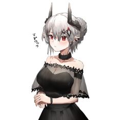 Rule 34 | 1girl, alternate costume, arknights, armband, bare shoulders, black choker, black dress, blush, bracelet, breasts, character name, choker, cleavage, closed mouth, collarbone, dress, ear piercing, grey hair, hair bun, highres, horn/wood, horns, jewelry, long hair, looking at viewer, material growth, mudrock (arknights), oripathy lesion (arknights), own hands together, piercing, pointy ears, red eyes, see-through, simple background, single hair bun, sleeveless, sleeveless dress, solo, upper body, veil, white background