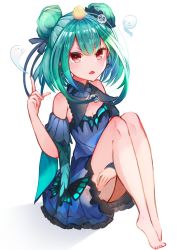 Rule 34 | 1girl, akao kito, animal print, bare shoulders, barefoot, bird, blue dress, blue sleeves, bow, brooch, butterfly print, chick, detached collar, detached sleeves, double bun, dress, dress bow, earrings, frilled dress, frills, full body, ghost, green hair, hair bun, hair ornament, hair ribbon, highres, hololive, hololive fantasy, jewelry, legs, looking at viewer, necromancer, open mouth, piyoko (uruha rushia), red eyes, ribbon, shadow, short dress, short hair, sidelocks, simple background, sitting, skull earrings, skull hair ornament, solo, strapless, strapless dress, uruha rushia, uruha rushia (1st costume), virtual youtuber, white background, wide sleeves