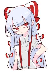Rule 34 | 1girl, bow, breasts, fujiwara no mokou, hair bow, hand on own hip, highres, hime cut, long hair, looking to the side, op na yarou, red eyes, shirt, short sleeves, sidelocks, simple background, small breasts, solo, suspenders, touhou, very long hair, white background, white bow, white hair, white shirt